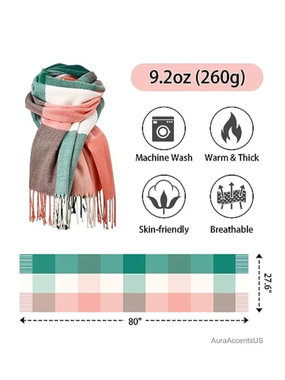 Oversized Plaid Winter Scarf for Women Soft Warm Shawl Wrap with Tassels